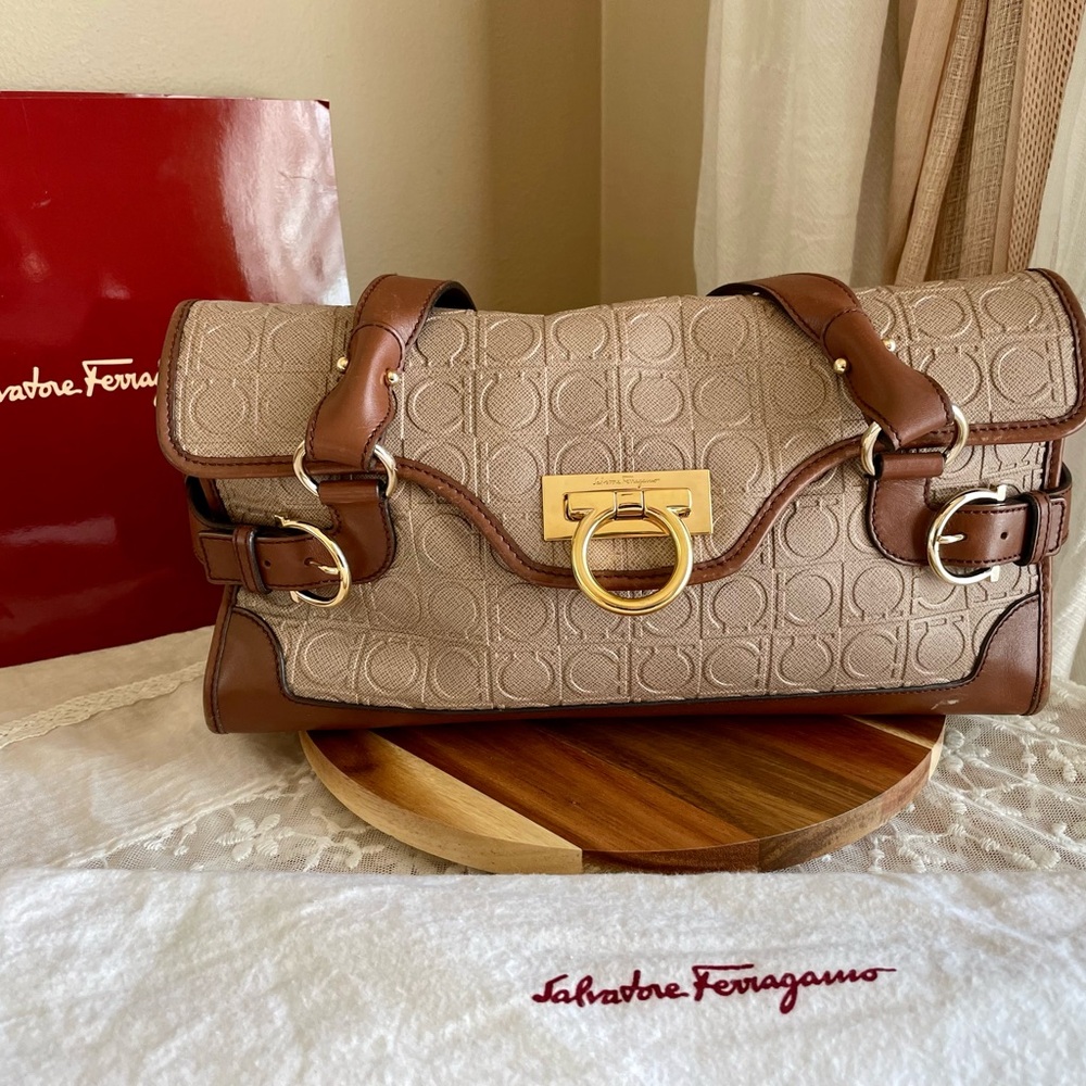 Salvatore Ferragamo Beige and Brown Women's Bag, Vintage and Class; like new